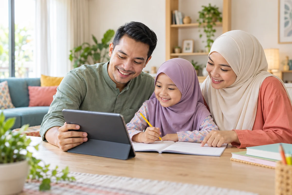 Ilustrasi AI keluarga Melayu Muslim belajar bersama; ibu dan anak perempuan bertudung